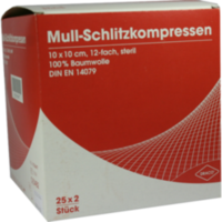 SCHLITZKOMPRESSEN Mull 10x10 cm steril 12fach