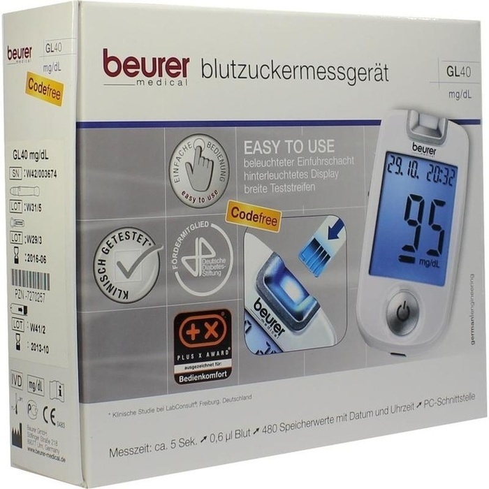 BEURER GL40 Blutzuckermessgerät mg/dl codefree